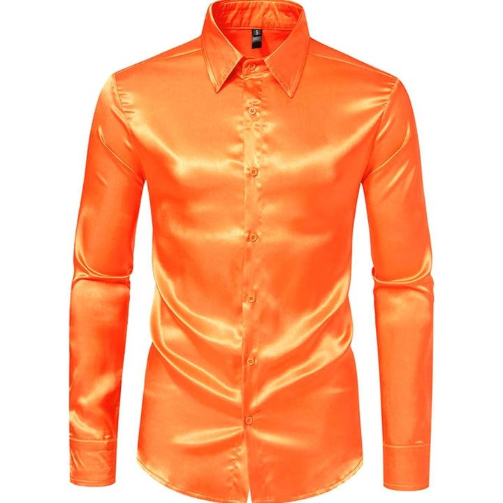 Men's Satin Silk-Look Long Sleeve Button-Up Dress Shirt - Orange