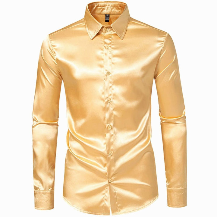 Men's Satin Silk-Look Long Sleeve Button-Up Dress Shirt - Yellow