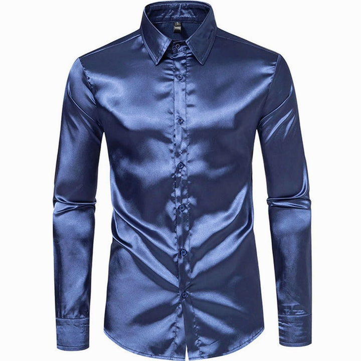 Men's Satin Silk-Look Long Sleeve Button-Up Dress Shirt - Navy Blue