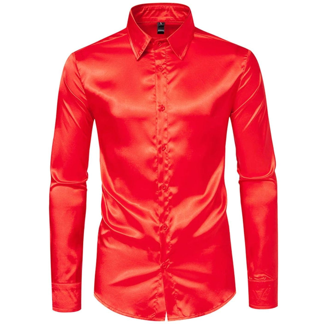 Men's Satin Silk-Look Long Sleeve Button-Up Dress Shirt - Red