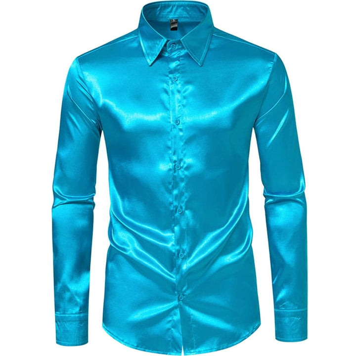 Men's Satin Silk-Look Long Sleeve Button-Up Dress Shirt - Blue