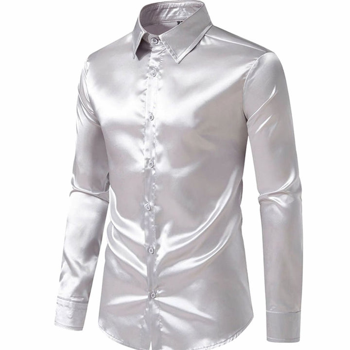 Men's Satin Silk-Look Long Sleeve Button-Up Dress Shirt - Light Gray