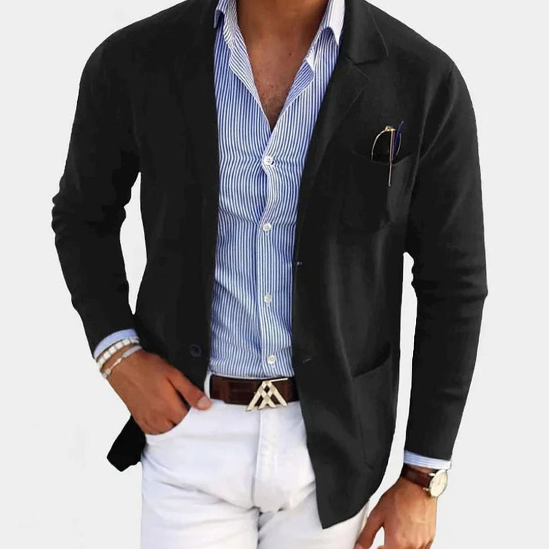 Men's Semi-Fit Cotton Blazer Notch Lapel Patch Pocket Jacket - Black