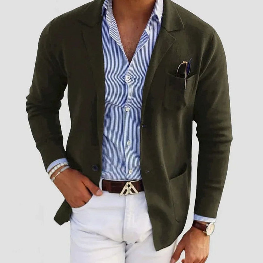 Men's Semi-Fit Cotton Blazer Notch Lapel Patch Pocket Jacket - Dark Green