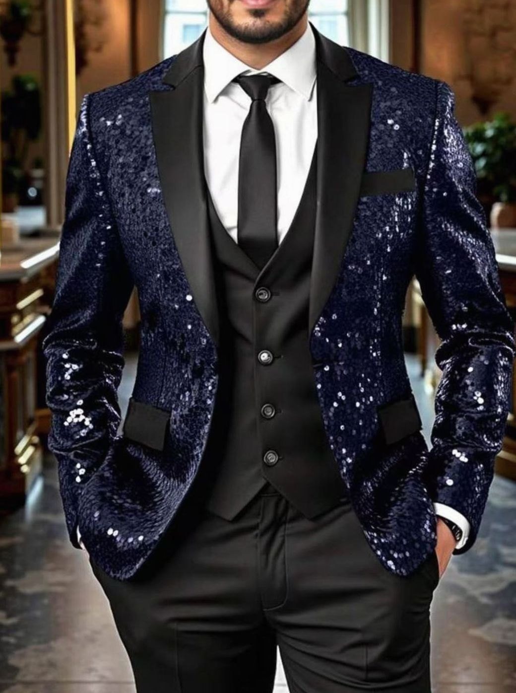 Men's Sequin Blazer Satin Shawl-Collar Tailored Sparkle Jacket - Blue