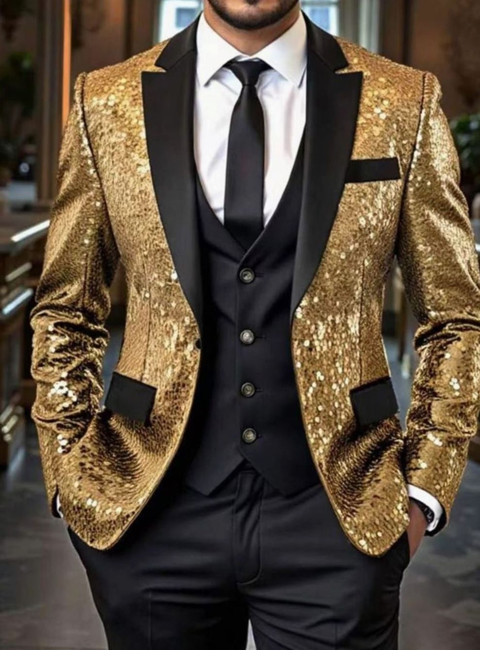 Men's Sequin Blazer Satin Shawl-Collar Tailored Sparkle Jacket - Gold