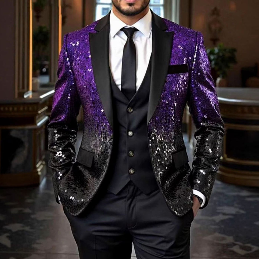 Men's Sequin Blazer Satin Shawl-Collar Tailored Sparkle Jacket