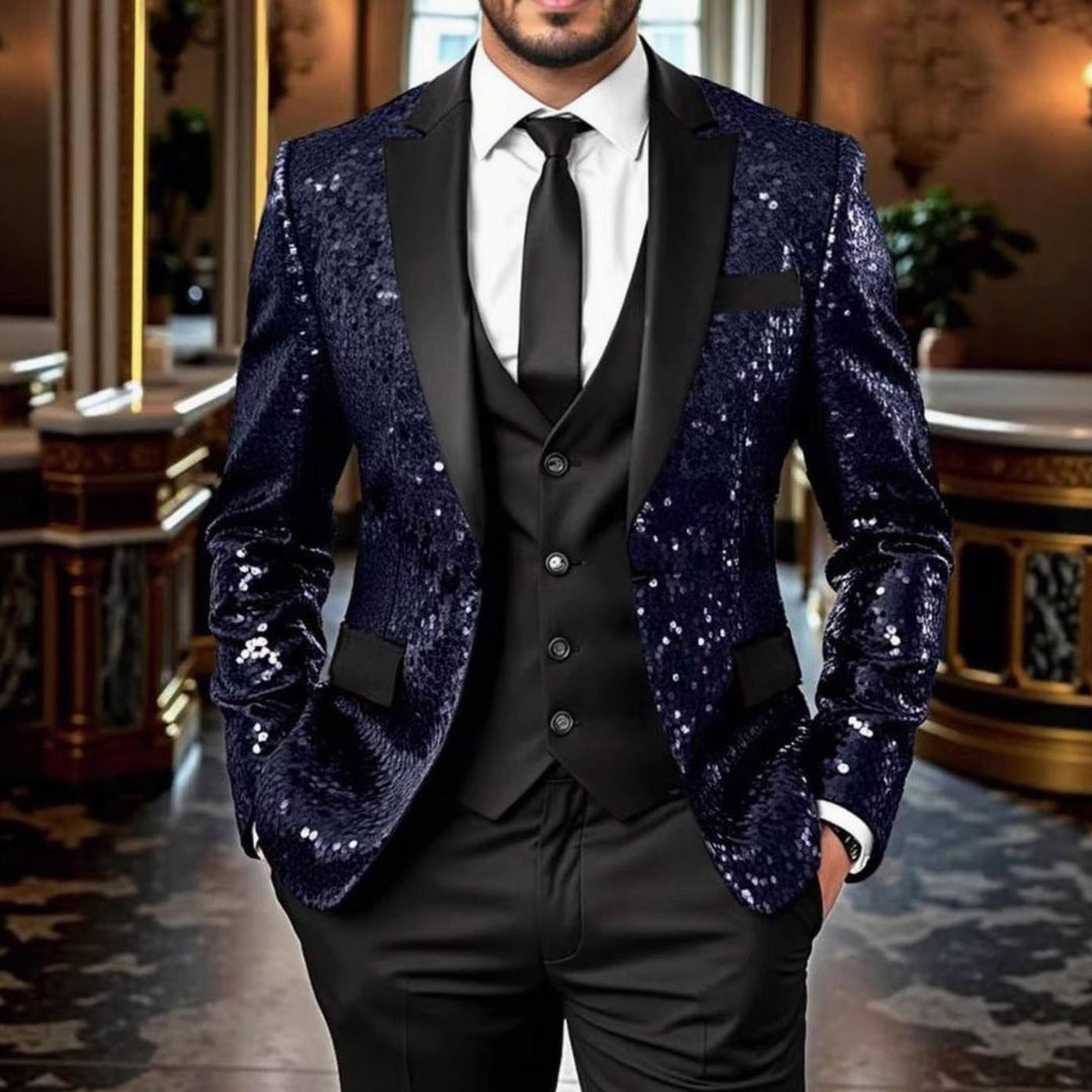 Men's Sequin Blazer Satin Shawl-Collar Tailored Sparkle Jacket