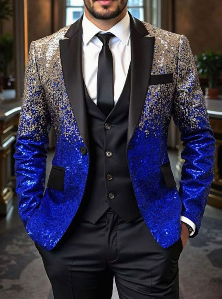 Men's Sequin Blazer Satin Shawl-Collar Tailored Sparkle Jacket - Silver Blue