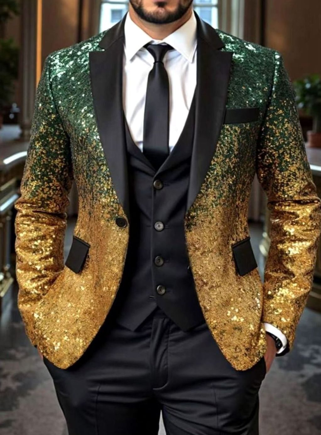 Men's Sequin Blazer Satin Shawl-Collar Tailored Sparkle Jacket - Green Gold