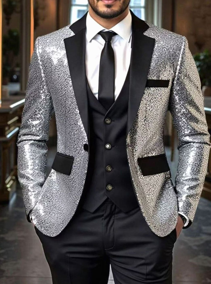 Men's Sequin Blazer Satin Shawl-Collar Tailored Sparkle Jacket - Silver