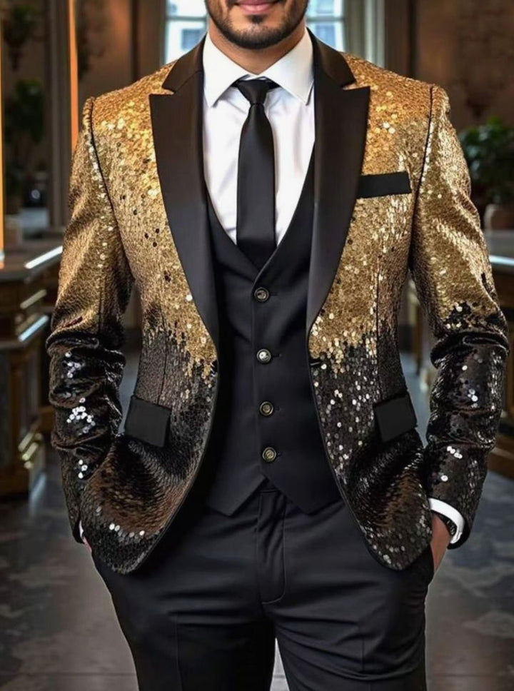 Men's Sequin Blazer Satin Shawl-Collar Tailored Sparkle Jacket - Black Gold