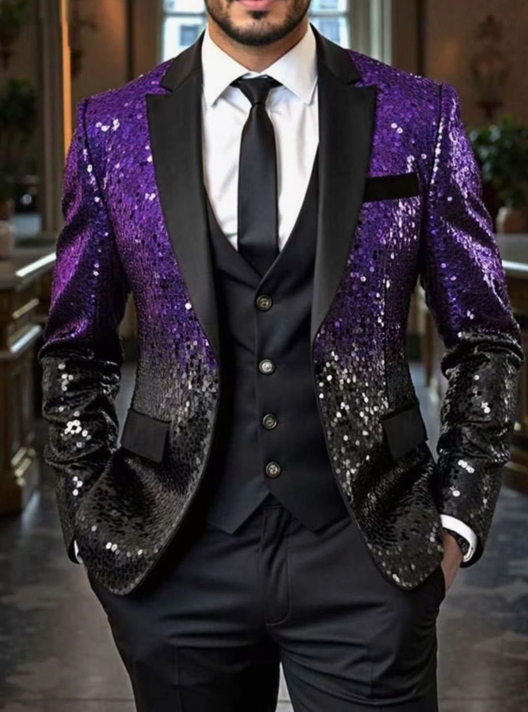 Men's Sequin Blazer Satin Shawl-Collar Tailored Sparkle Jacket - Violet Black