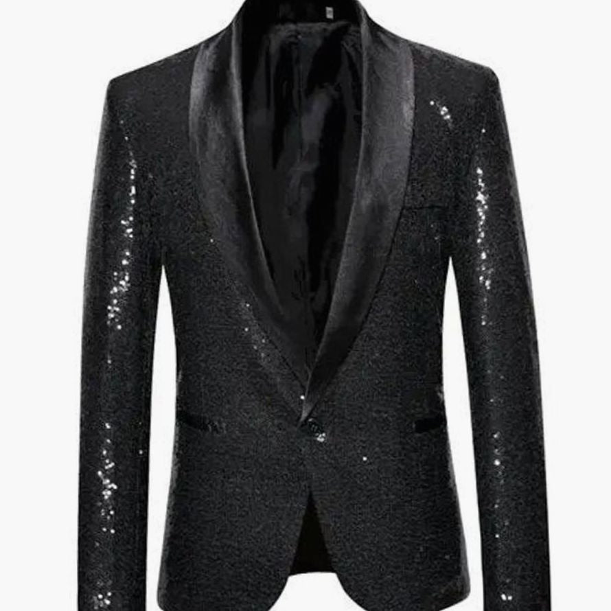Men's Sequin Shawl-Lapel Single-Button Blazer Jacket - Black