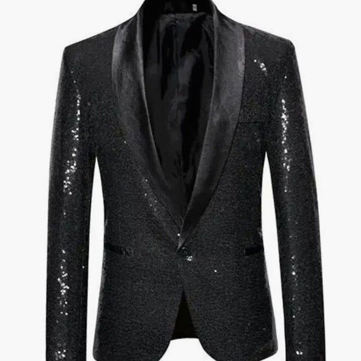 Men's Sequin Shawl-Lapel Single-Button Blazer Jacket - Black