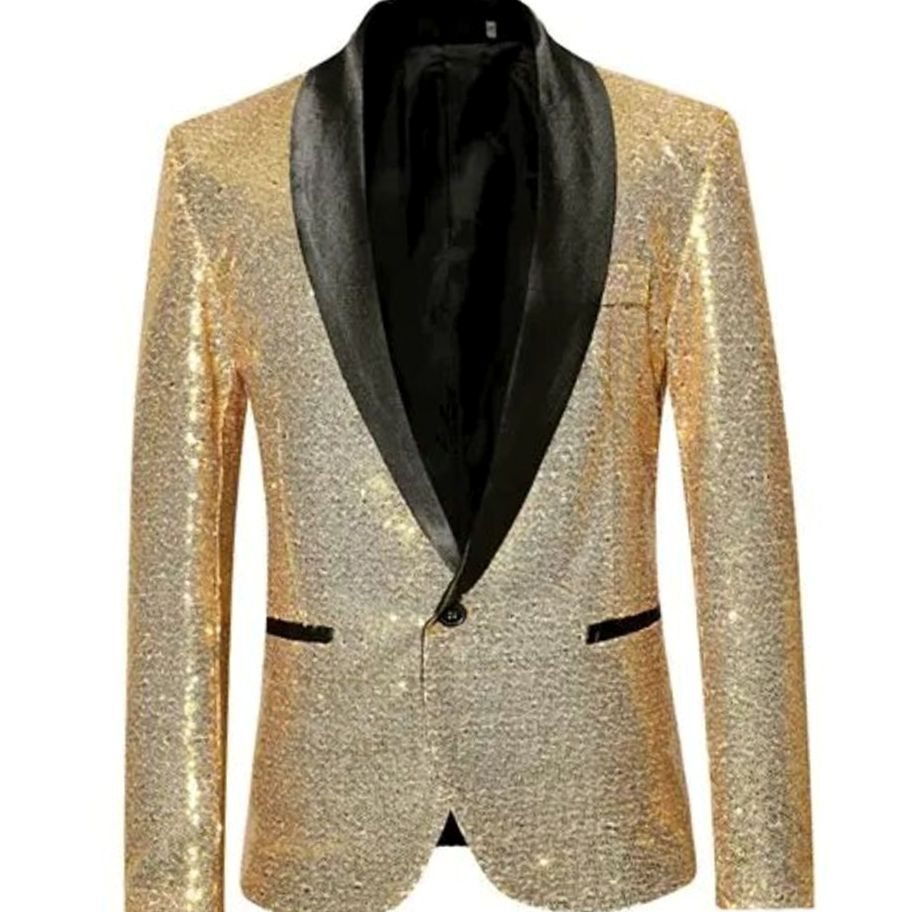 Men's Sequin Shawl-Lapel Single-Button Blazer Jacket - Gold