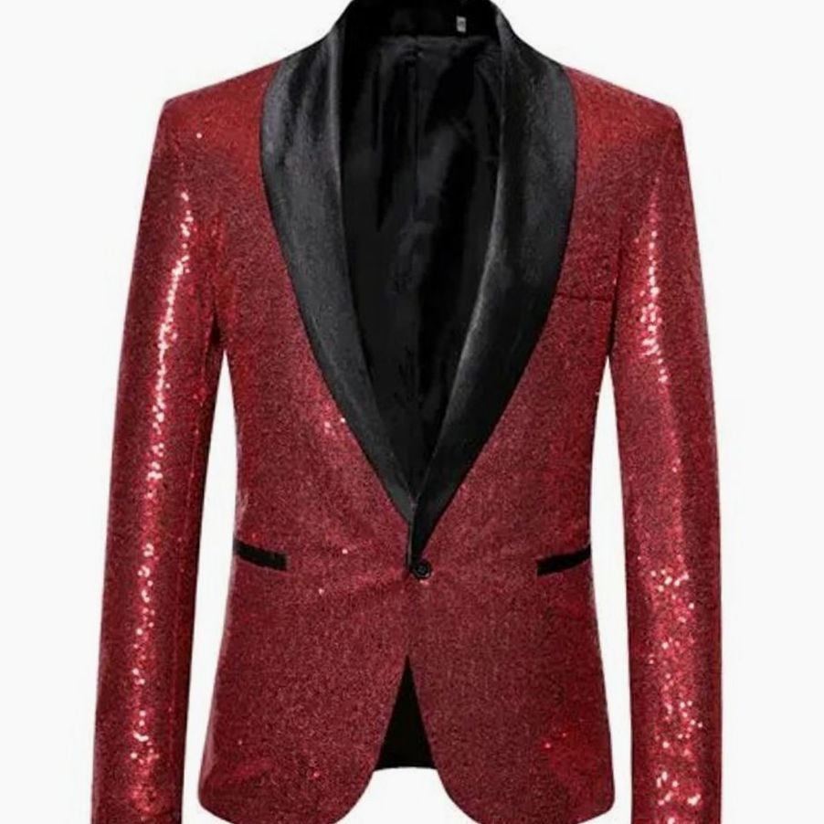 Men's Sequin Shawl-Lapel Single-Button Blazer Jacket - Red