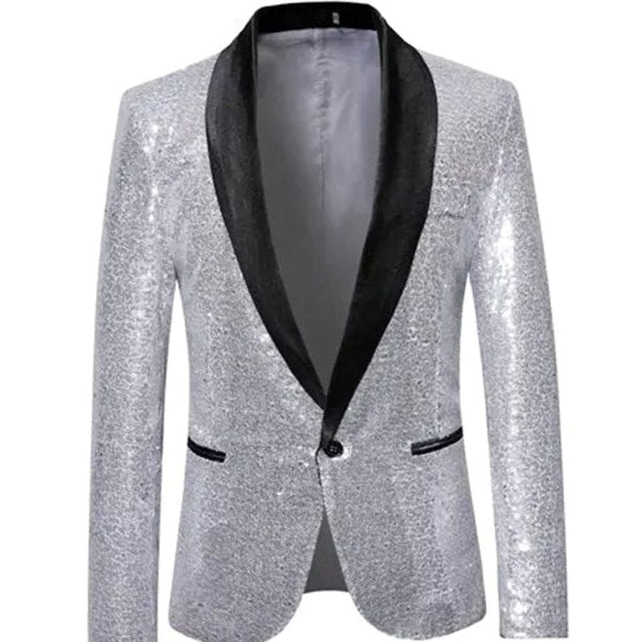 Men's Sequin Shawl-Lapel Single-Button Blazer Jacket - Silver