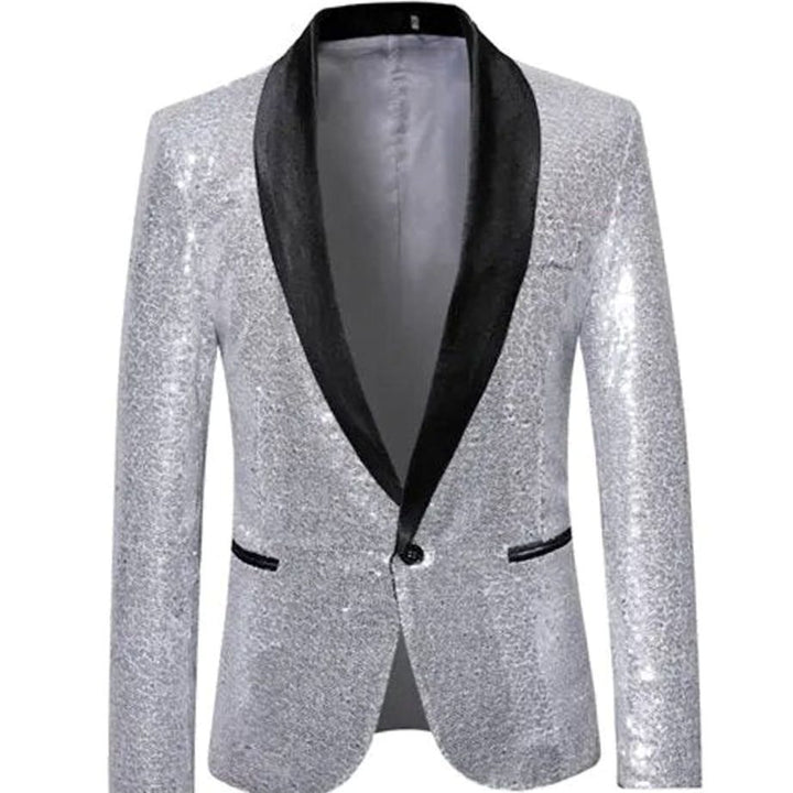 Men's Sequin Shawl-Lapel Single-Button Blazer Jacket - Silver