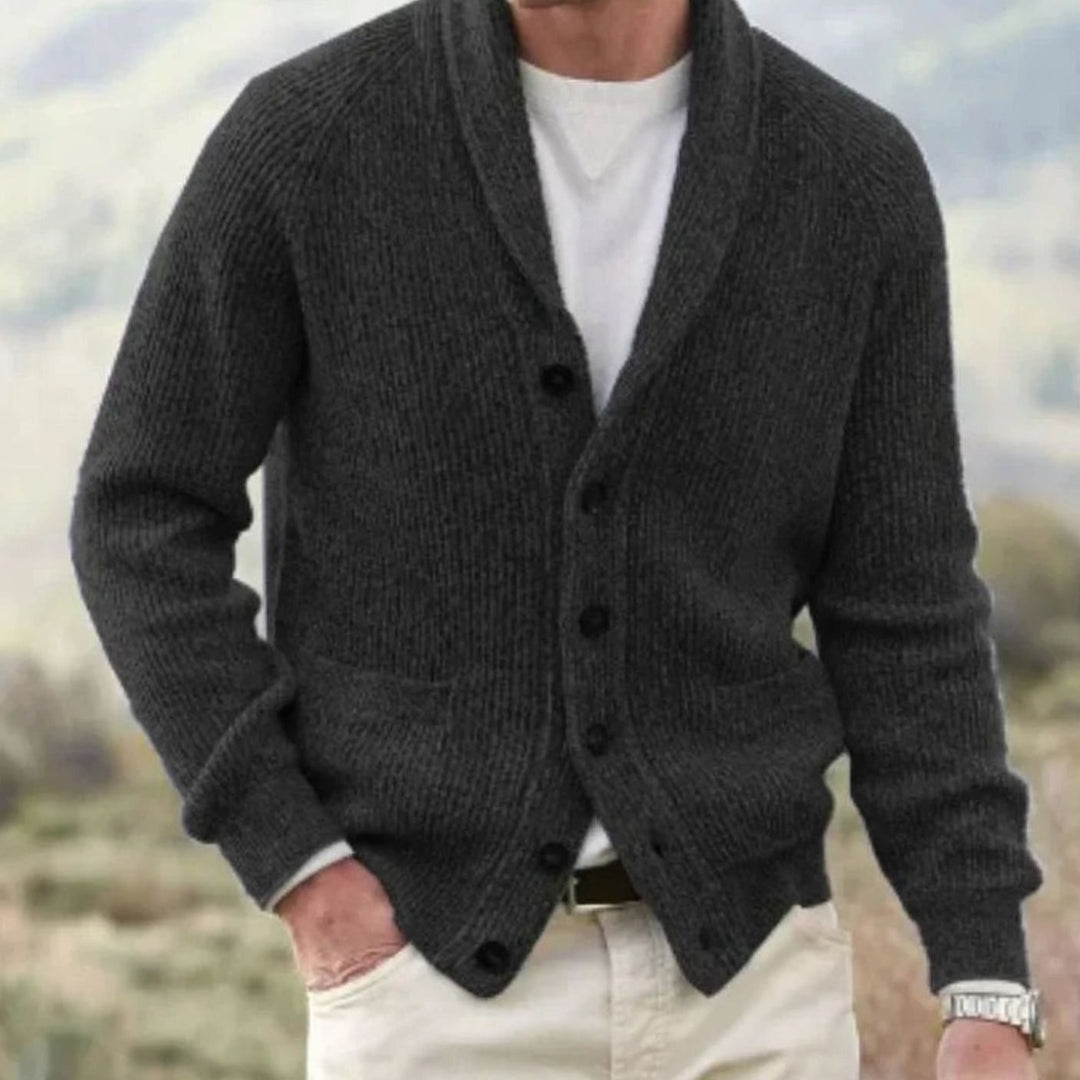 Men's Shawl-Collar Button-Front Ribbed Knit Cardigan Sweater - Black