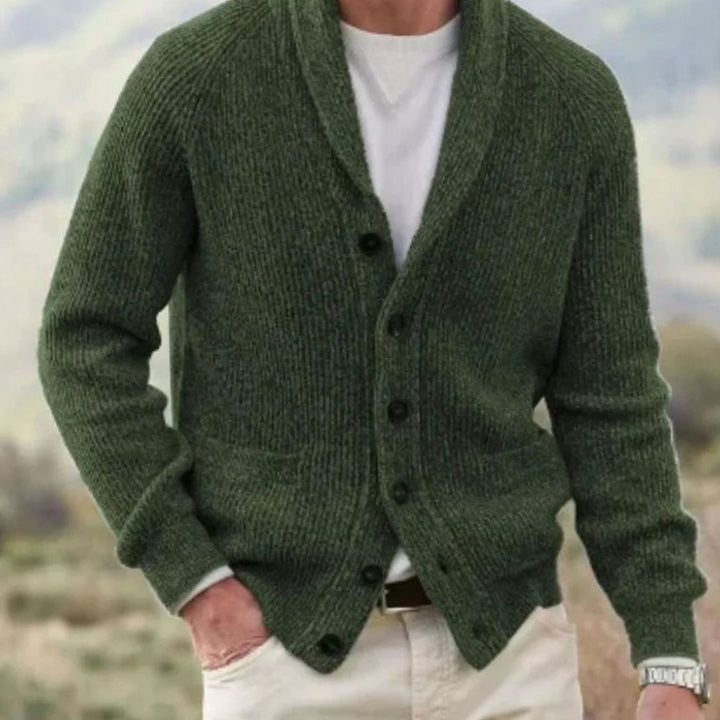 Men's Shawl-Collar Button-Front Ribbed Knit Cardigan Sweater - Olive Green