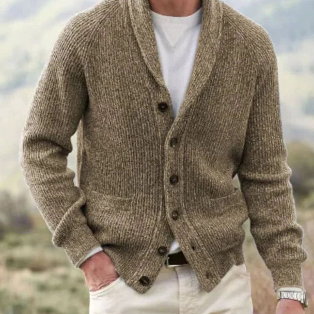 Men's Shawl-Collar Button-Front Ribbed Knit Cardigan Sweater - Camel