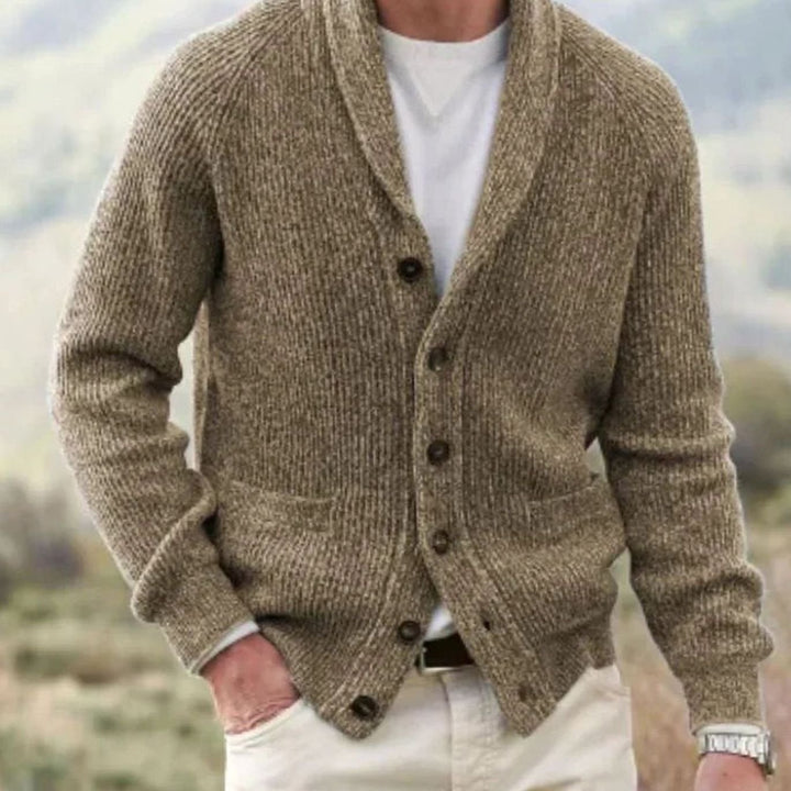 Men's Shawl-Collar Button-Front Ribbed Knit Cardigan Sweater - Camel