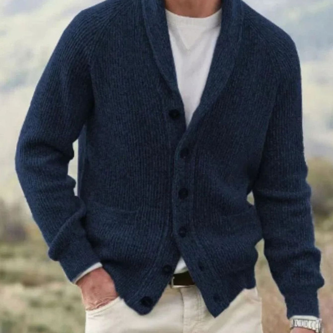 Men's Shawl-Collar Button-Front Ribbed Knit Cardigan Sweater - Navy Blue