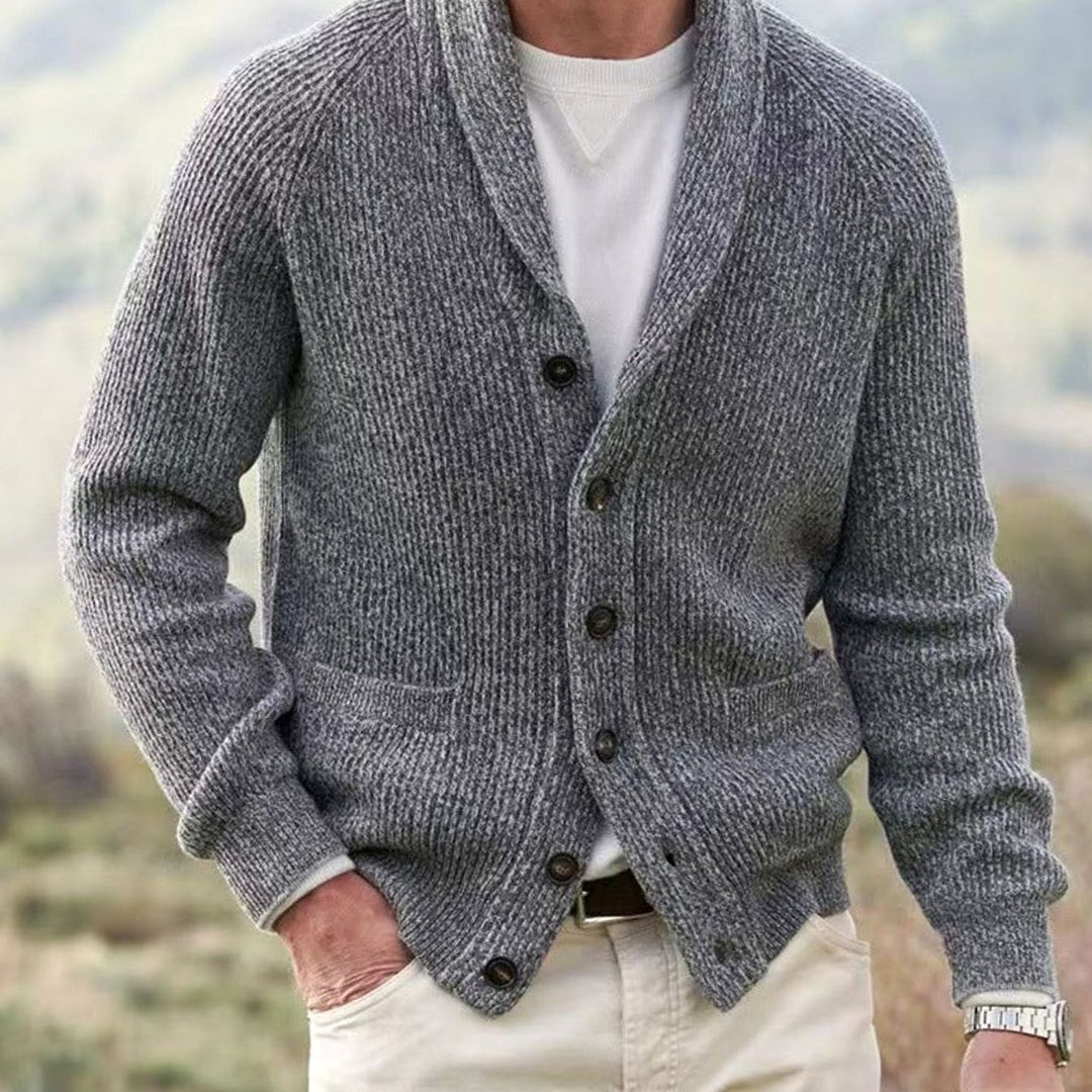 Men's Shawl-Collar Button-Front Ribbed Knit Cardigan Sweater - Gray