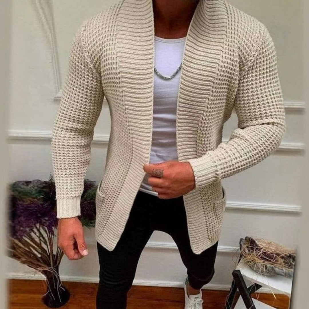 Men's Shawl Collar Waffle Knit Open-Front Cardigan Sweater