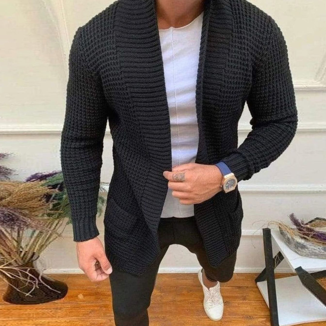Men's Shawl Collar Waffle Knit Open-Front Cardigan Sweater - Black