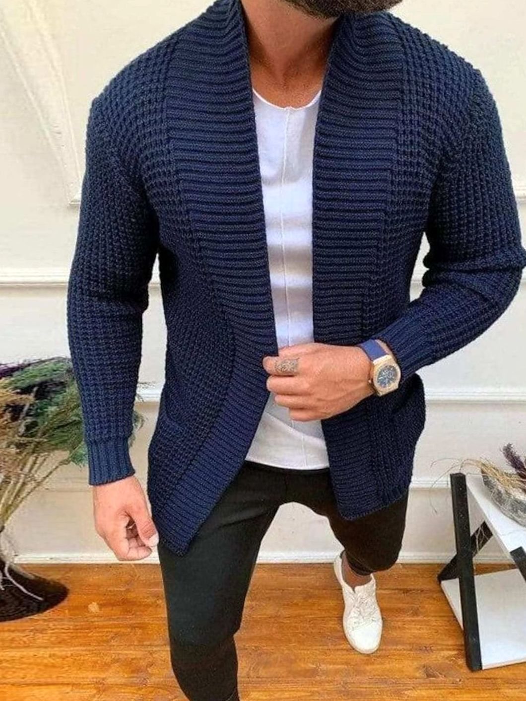 Men's Shawl Collar Waffle Knit Open-Front Cardigan Sweater - Navy Blue
