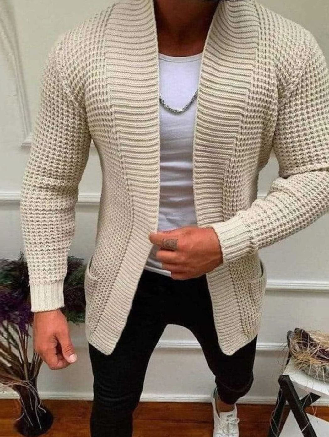 Men's Shawl Collar Waffle Knit Open-Front Cardigan Sweater - Apricot