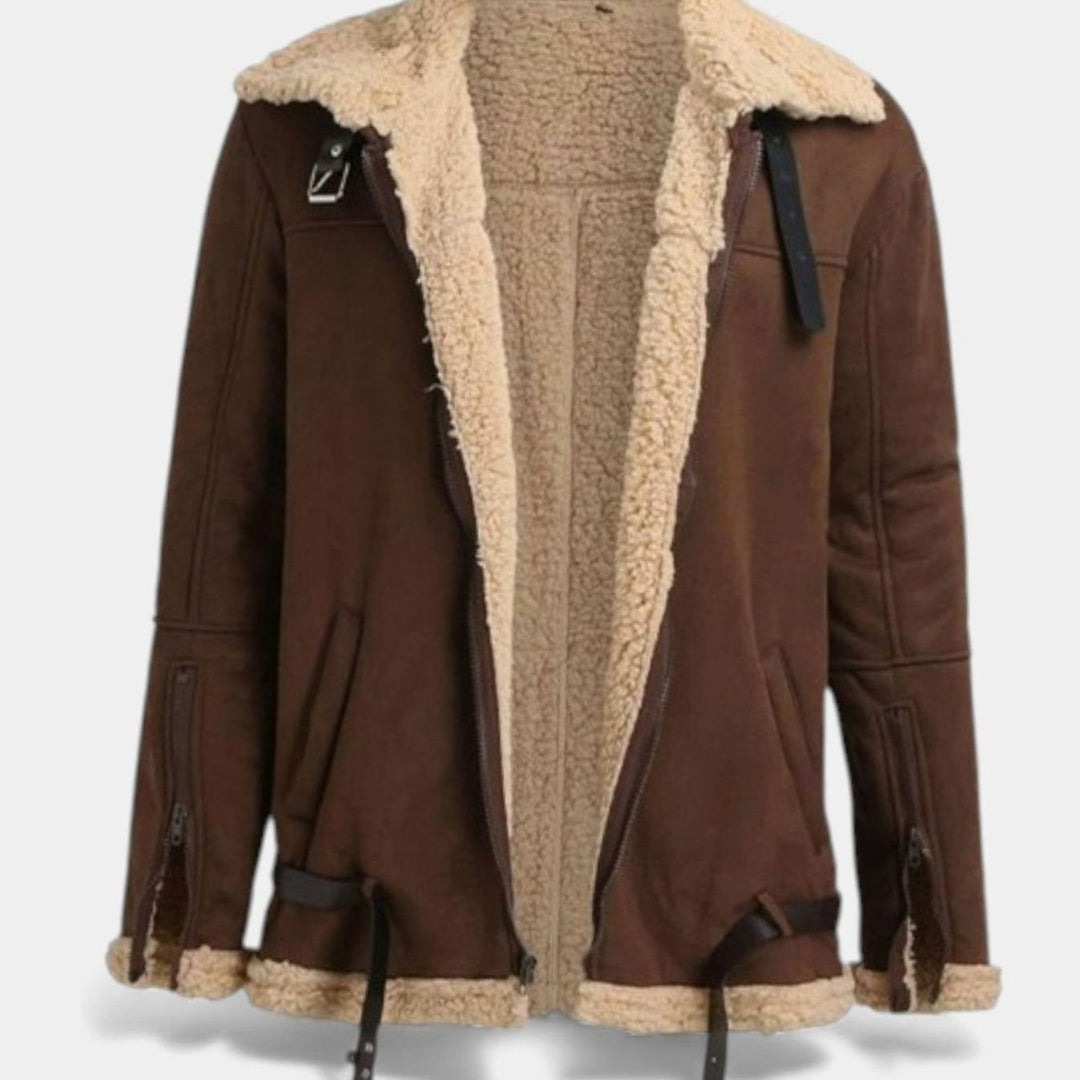 Men's Shearling Faux Fur-Lined Winter Bomber Jacket - Brown