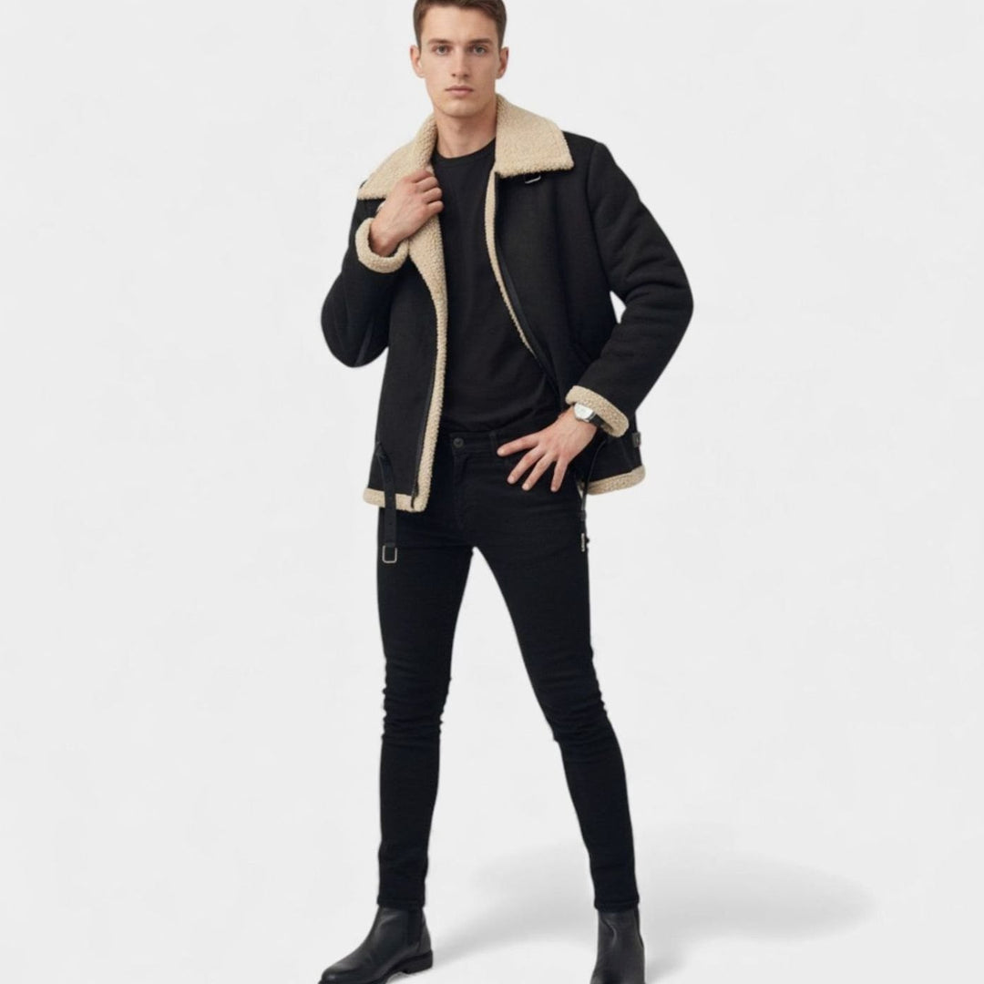 Men's Shearling Faux Fur-Lined Winter Bomber Jacket - Black