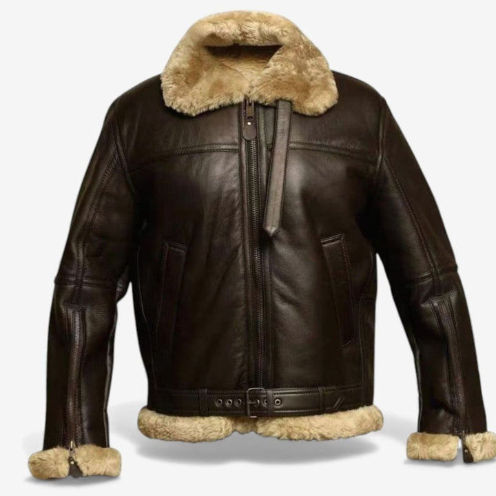 Men's Shearling Faux Fur-Lined Winter Bomber Jacket - Dark Brown