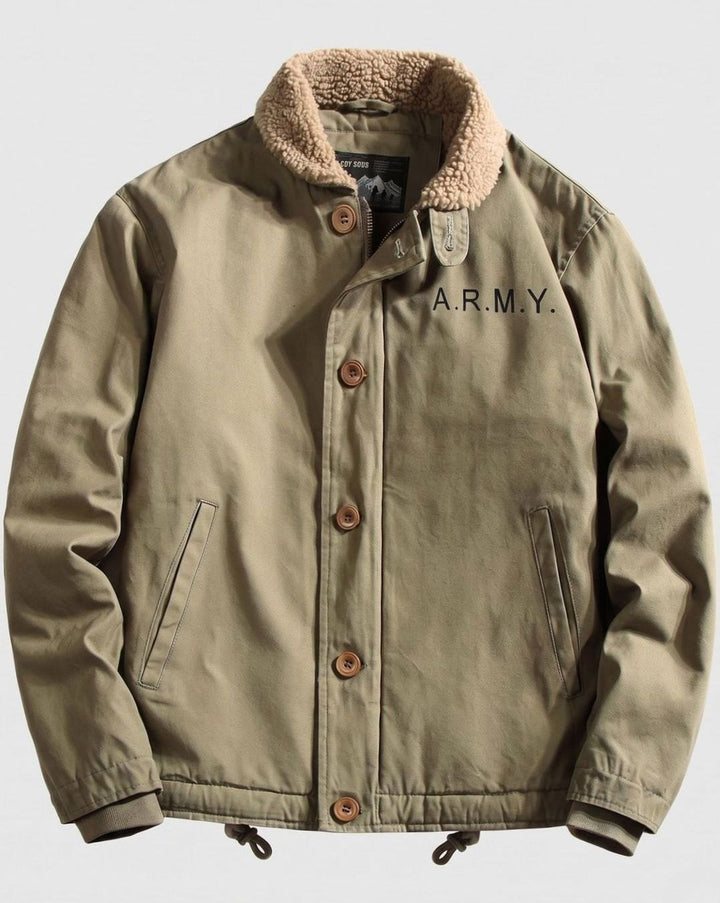 Men's Sherpa-Collar Canvas Field Jacket - Olive Green