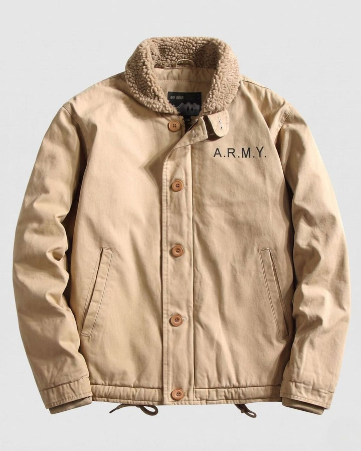 Men's Sherpa-Collar Canvas Field Jacket - Khaki