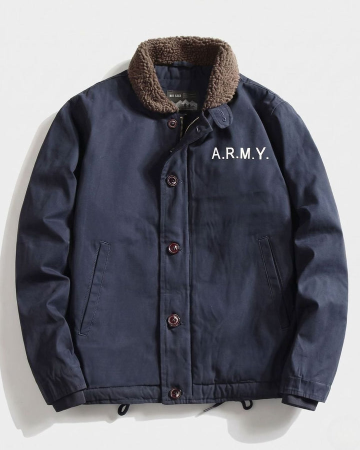 Men's Sherpa-Collar Canvas Field Jacket - Navy Blue