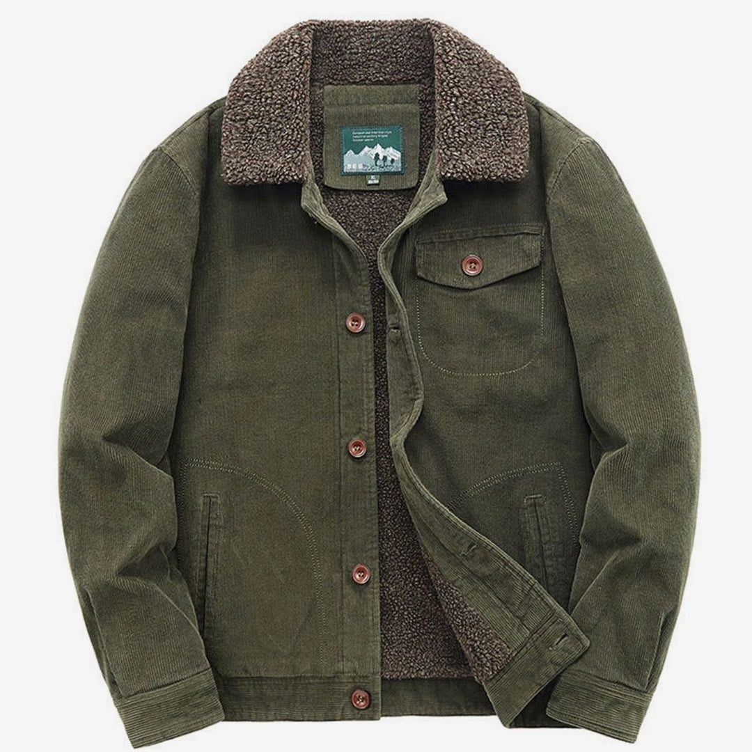 Men's Sherpa-Lined Corduroy Button-Front Winter Jacket, Gray - Olive Green