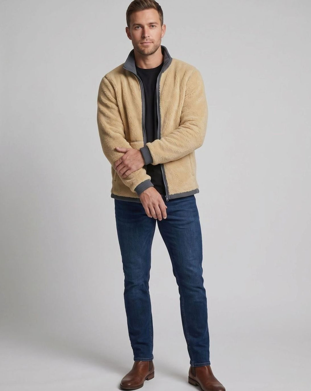 Men's Sherpa-Lined Thermo Fleece Full-Zip Stand-Collar Jacket, Light Brown