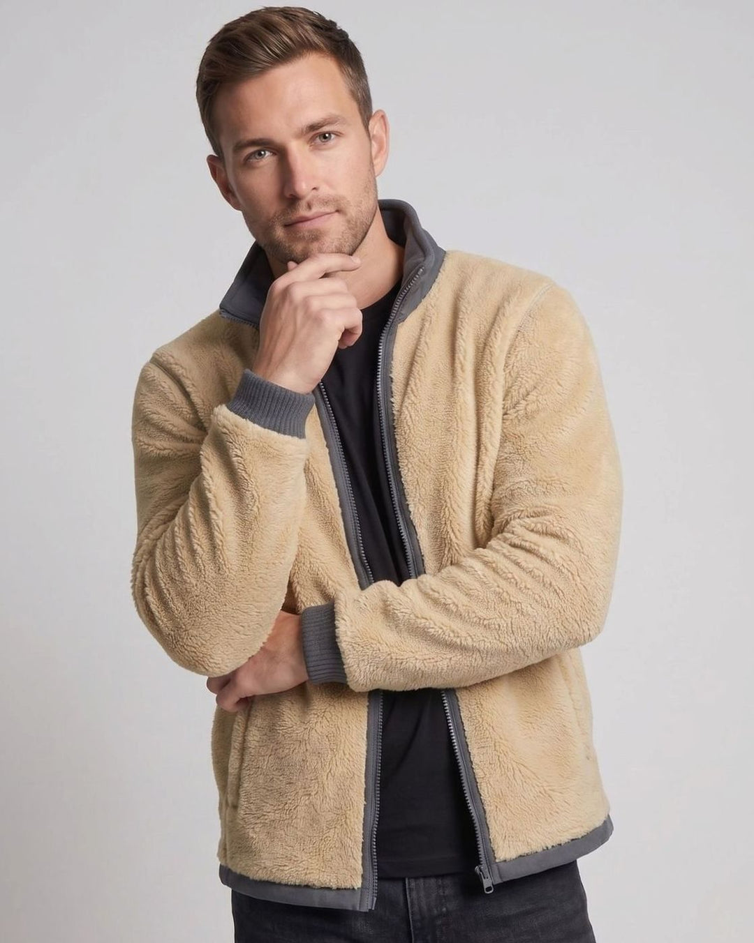 Men's Sherpa-Lined Thermo Fleece Full-Zip Stand-Collar Jacket, Light Brown