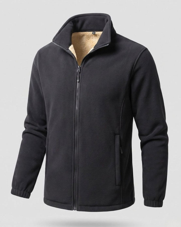 Men's Sherpa-Lined Thermo Fleece Full-Zip Stand-Collar Jacket, Light Brown - Black