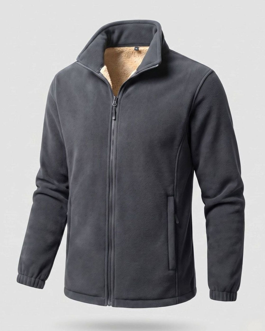 Men's Sherpa-Lined Thermo Fleece Full-Zip Stand-Collar Jacket, Light Brown - Dark Gray