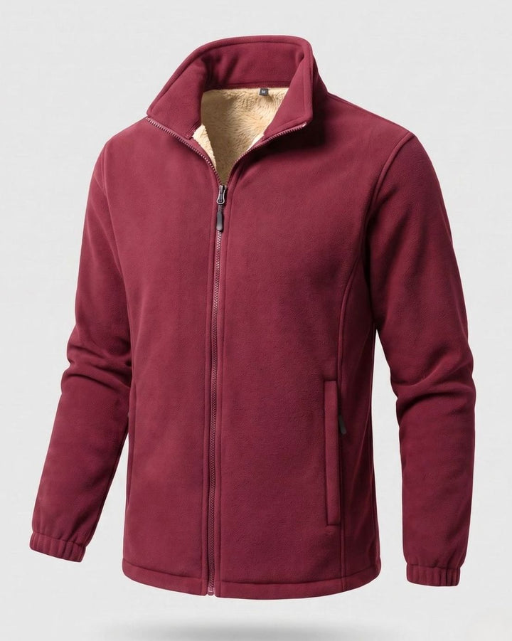 Men's Sherpa-Lined Thermo Fleece Full-Zip Stand-Collar Jacket, Light Brown - Burgundy Red