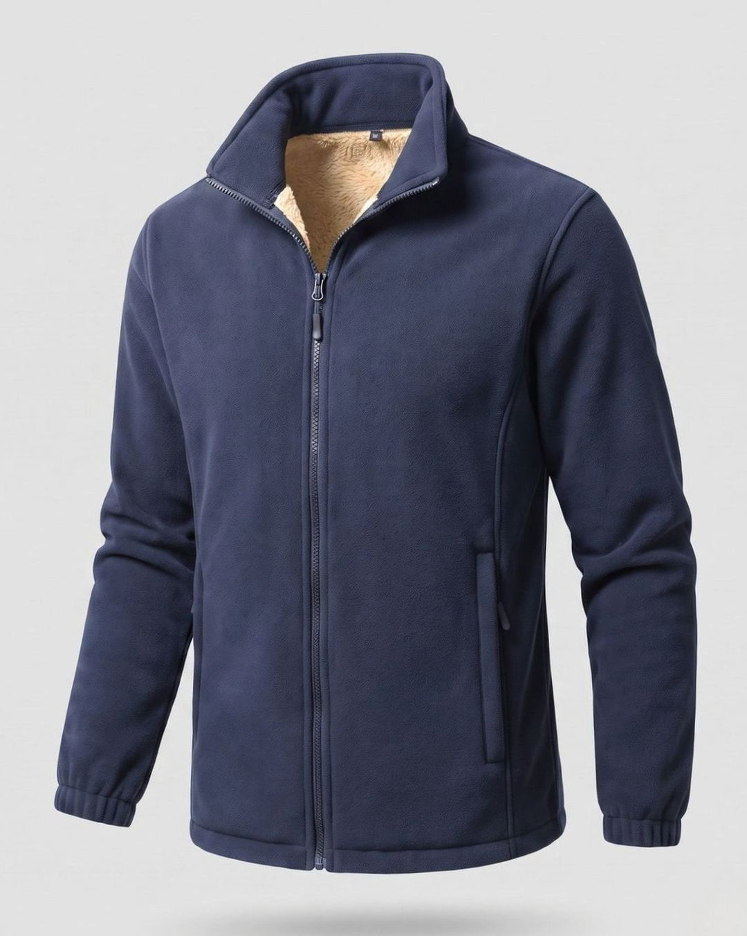 Men's Sherpa-Lined Thermo Fleece Full-Zip Stand-Collar Jacket, Light Brown - Dark Blue