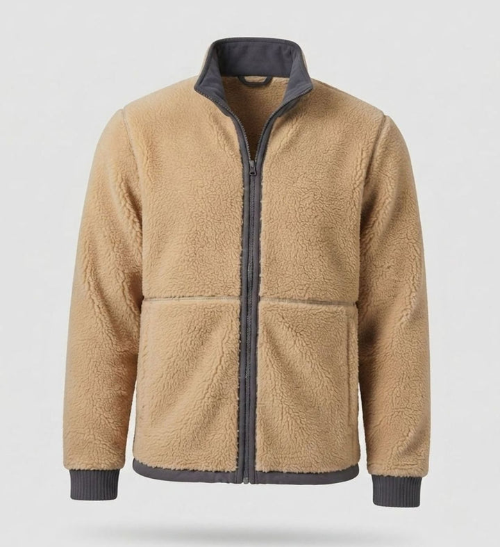 Men's Sherpa-Lined Thermo Fleece Full-Zip Stand-Collar Jacket, Light Brown - Light Brown
