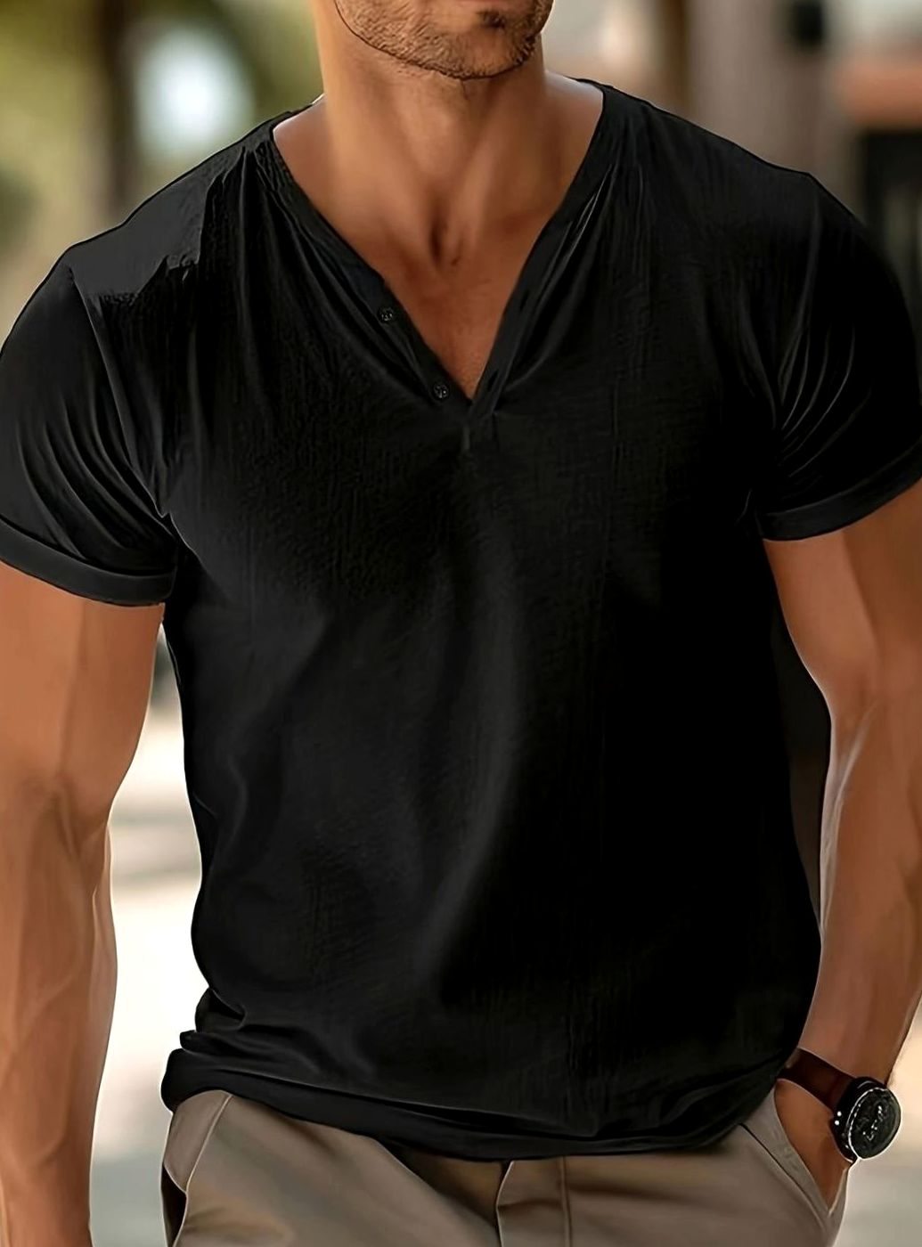 Men's Short-Sleeve Button V-Neck Henley Shirt - Black