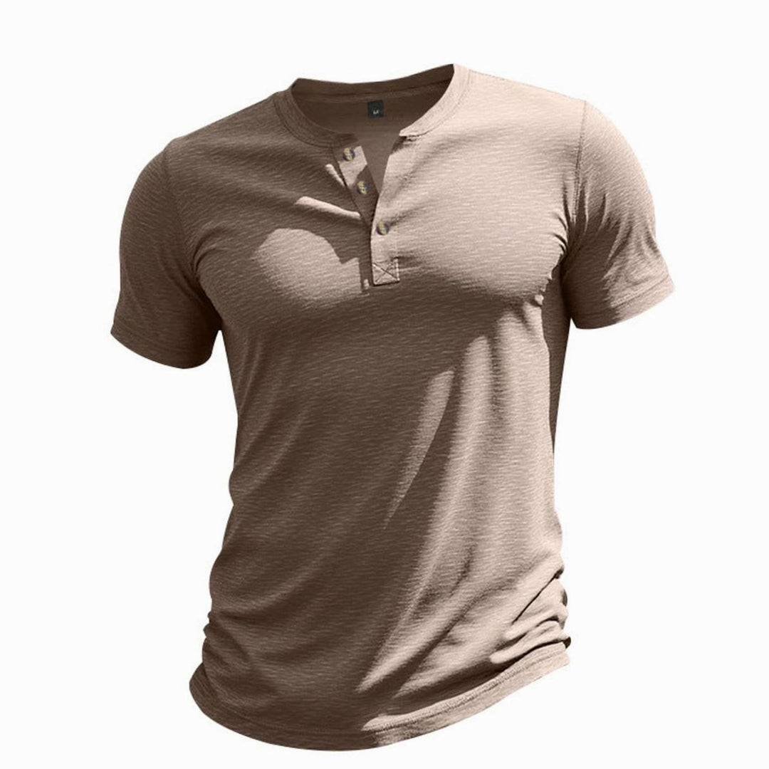 Men's Short-Sleeve Cotton Henley Shirt Button Placket - Brown