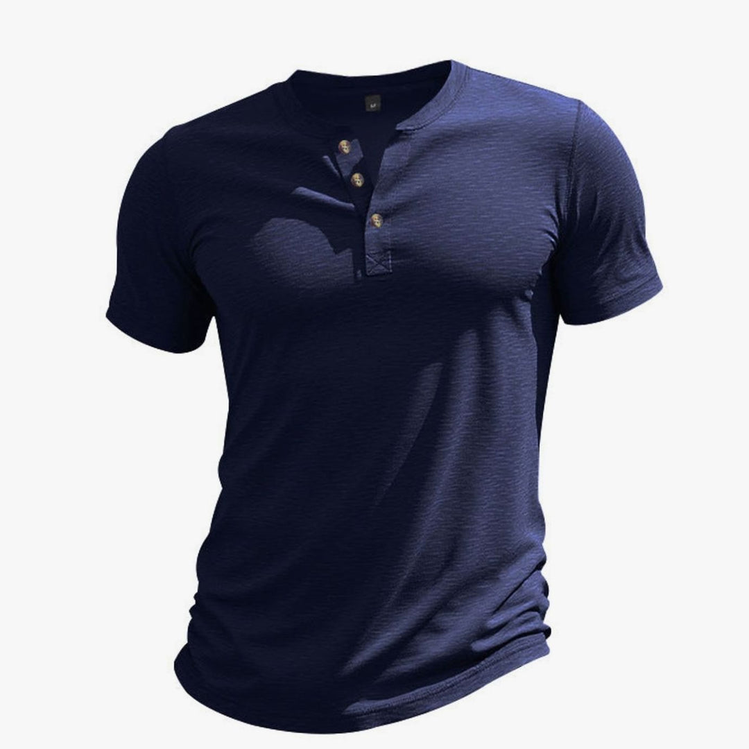 Men's Short-Sleeve Cotton Henley Shirt Button Placket - Navy Blue